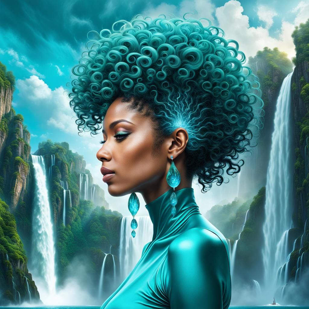Surreal Teal Afro with Waterfall, Brain City Art