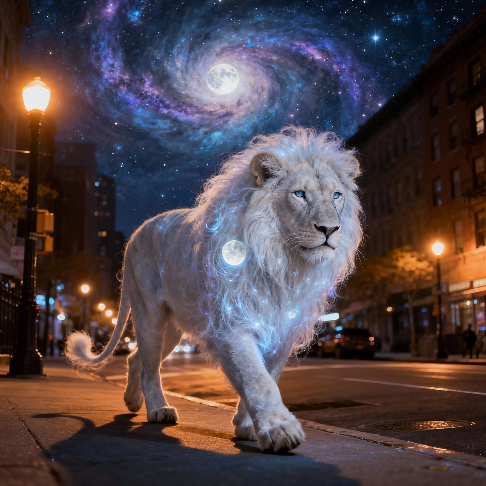 Arctic Lion on NYC Street Under Nebula Sky