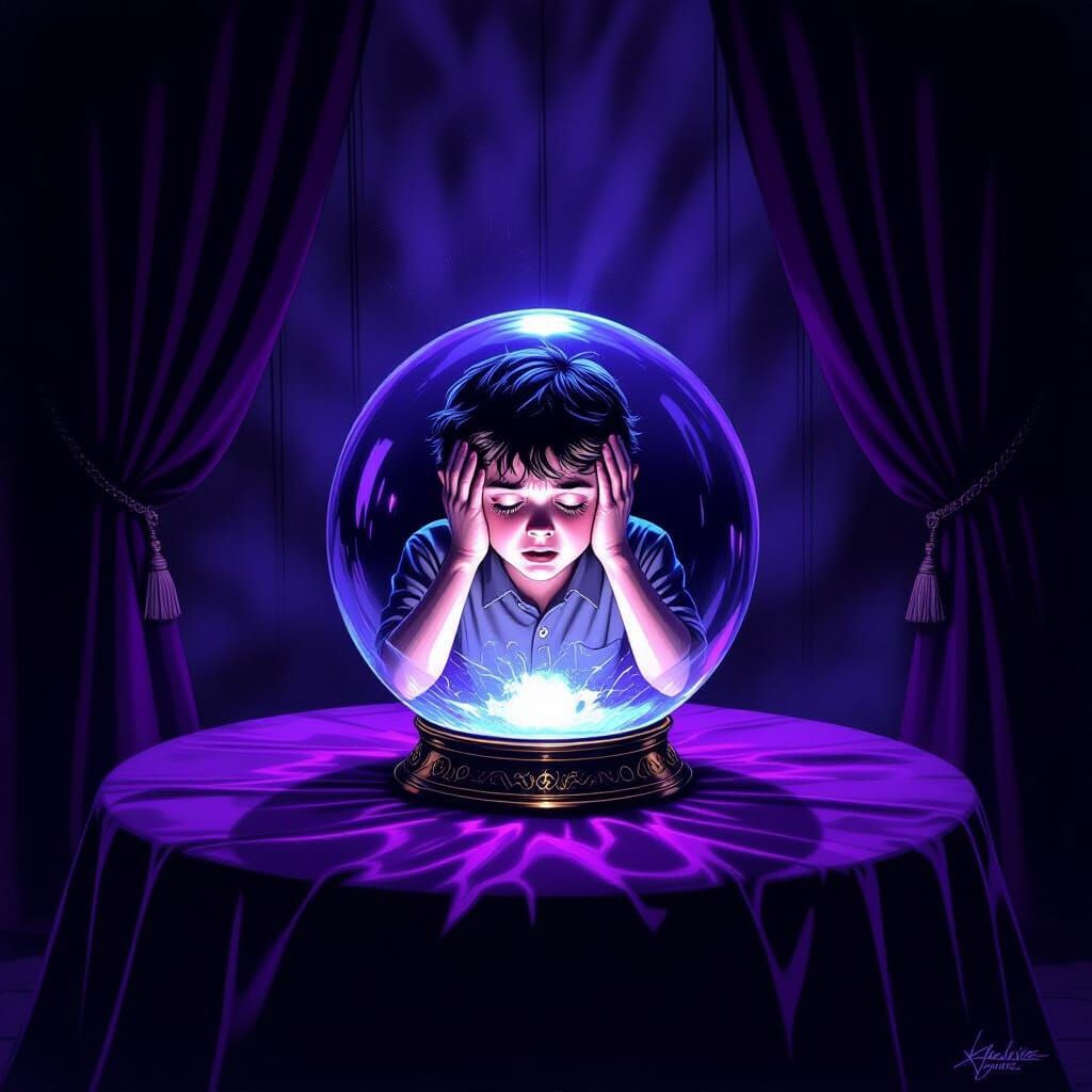 Crystal Ball Reveals Terrified Boy in Gothic Horror Illustra...