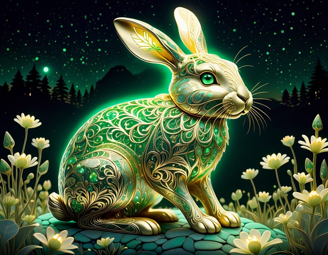 Golden Rabbit with Emerald Eyes in Bioluminescent Field