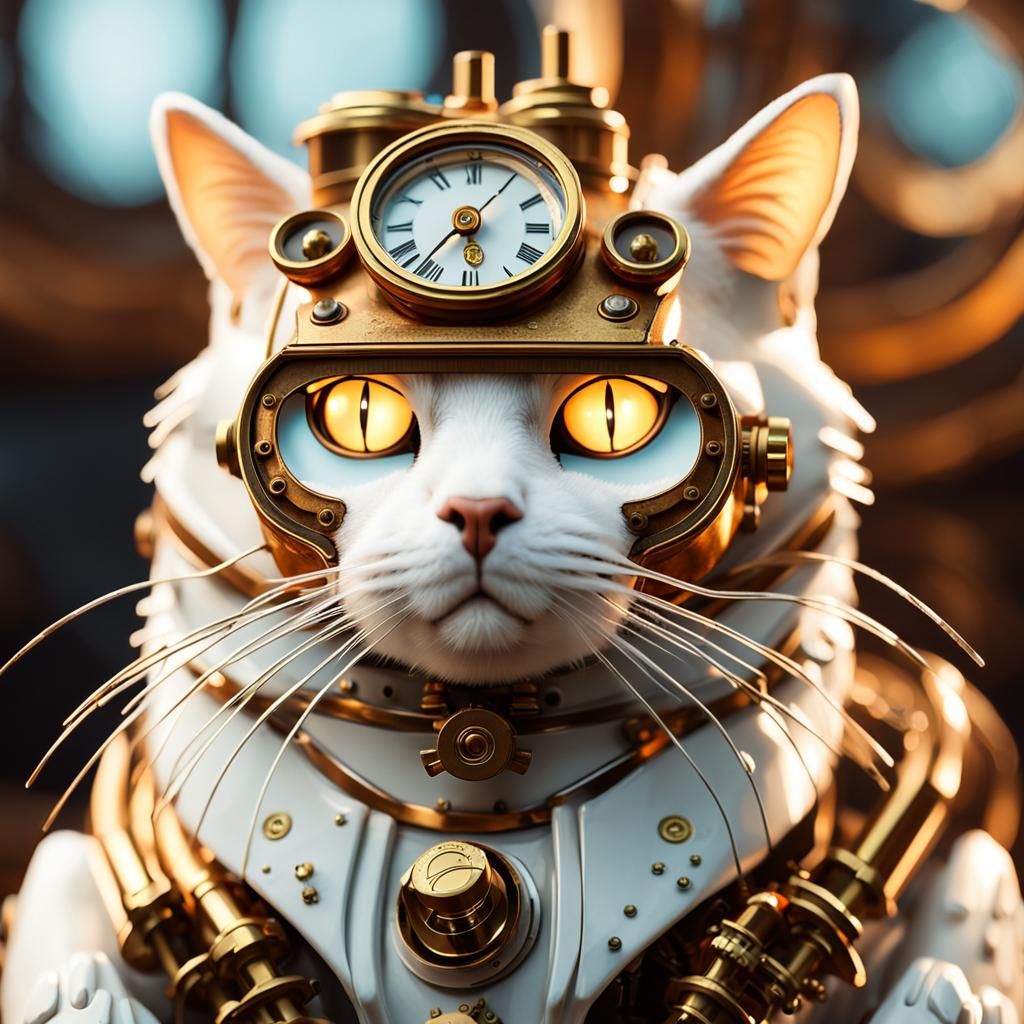 Steampunk Cat Portrait with Brass Clockwork Details
