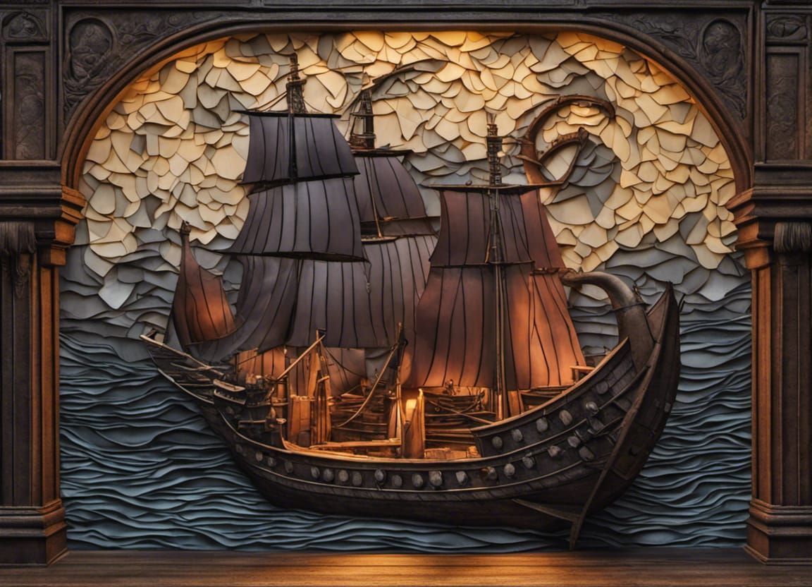 Nightlit Dragon Viking Boat on Castle Wall