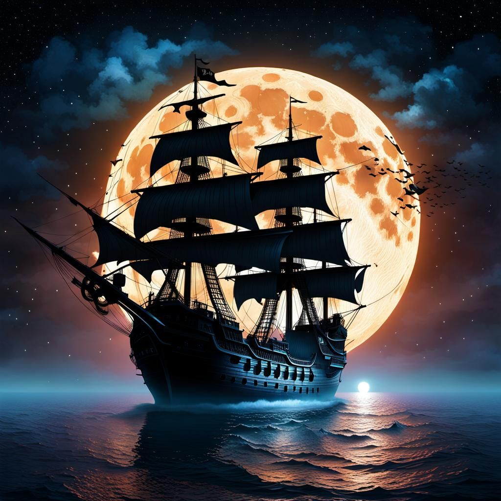Ghost Pirate Ship Silhouetted on Giant Moon