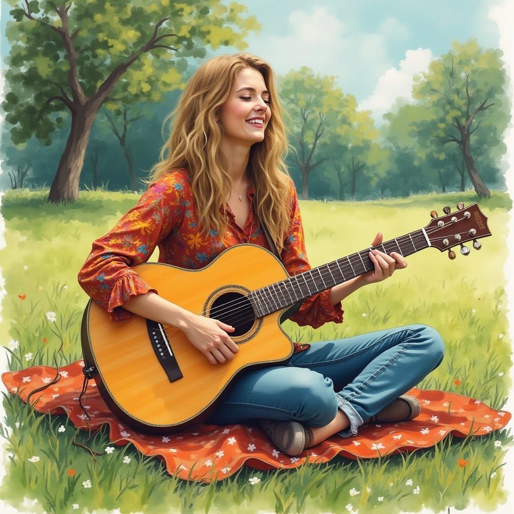 Happy Hippie Woman Playing Guitar in a Grass Park