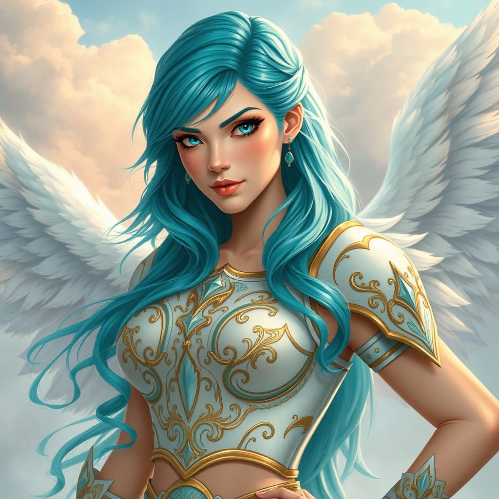 Turquoise Valkyrie Angel in Whimsical Fantasy Art