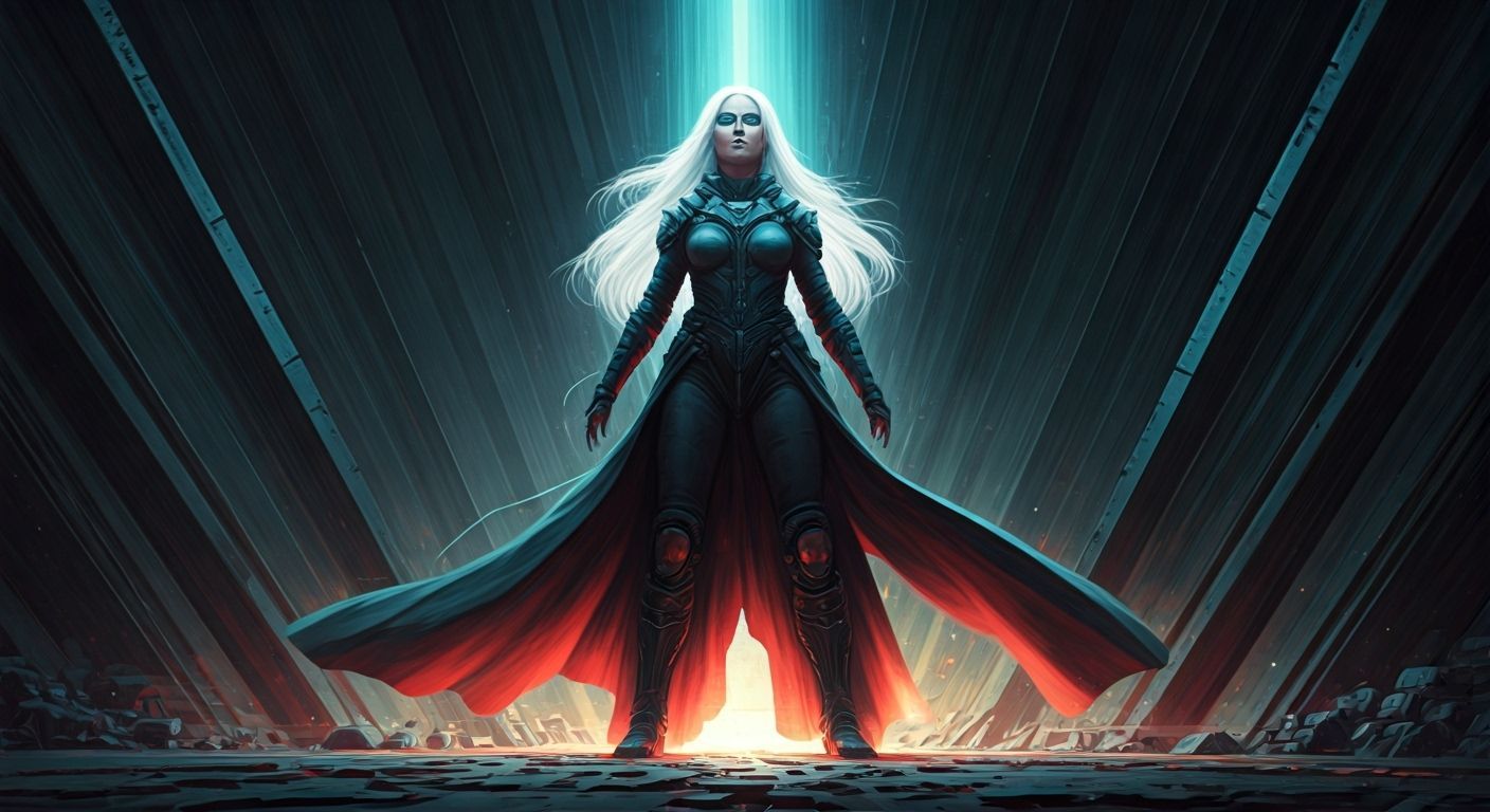 Triumphant White-Haired Woman With Blue Eyes