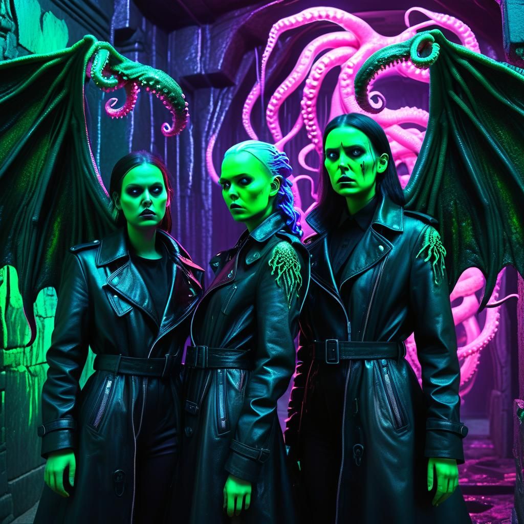 Cthulhu Spawn Encounter in Dark Synthwave Style