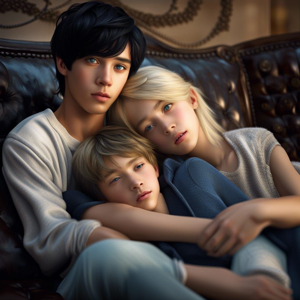 Boys Cuddle on Loveseat in Hyperrealistic Style