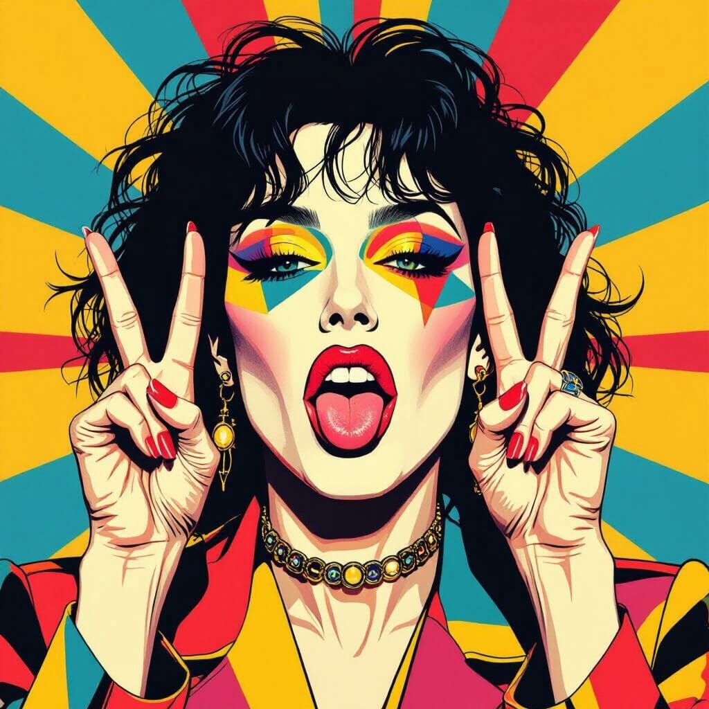 Woman with Geometric Makeup in 1980s Pop Art Style