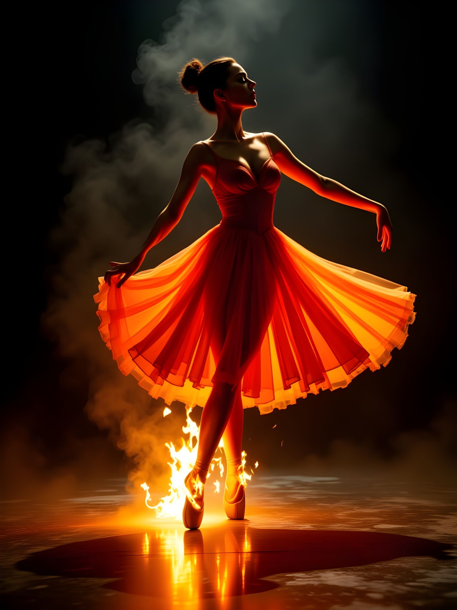 Ballerina Dancing on Stage with Fiery Attire