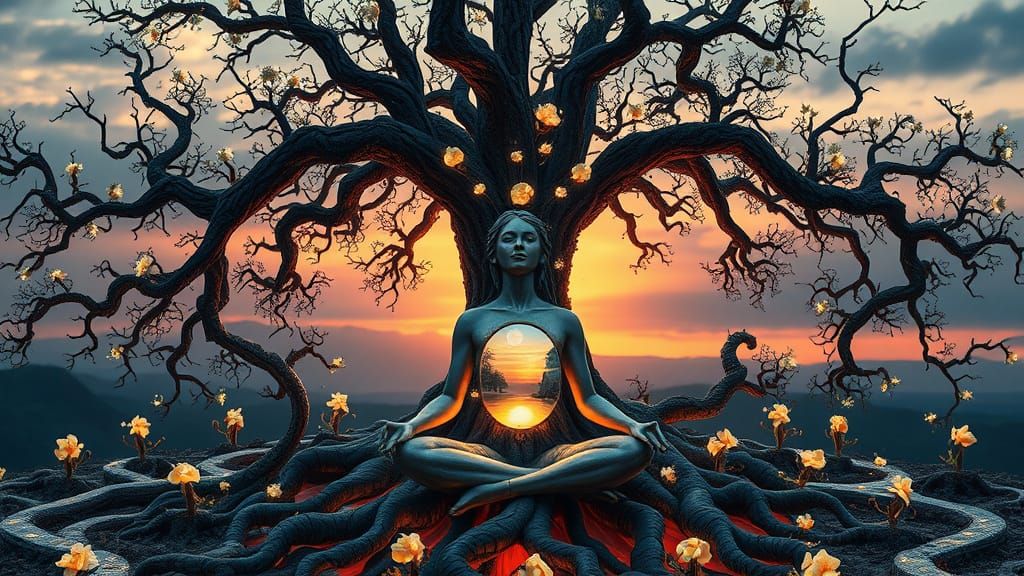 Surreal Tree Goddess in a Mystical Labyrinth of Light and Mi...