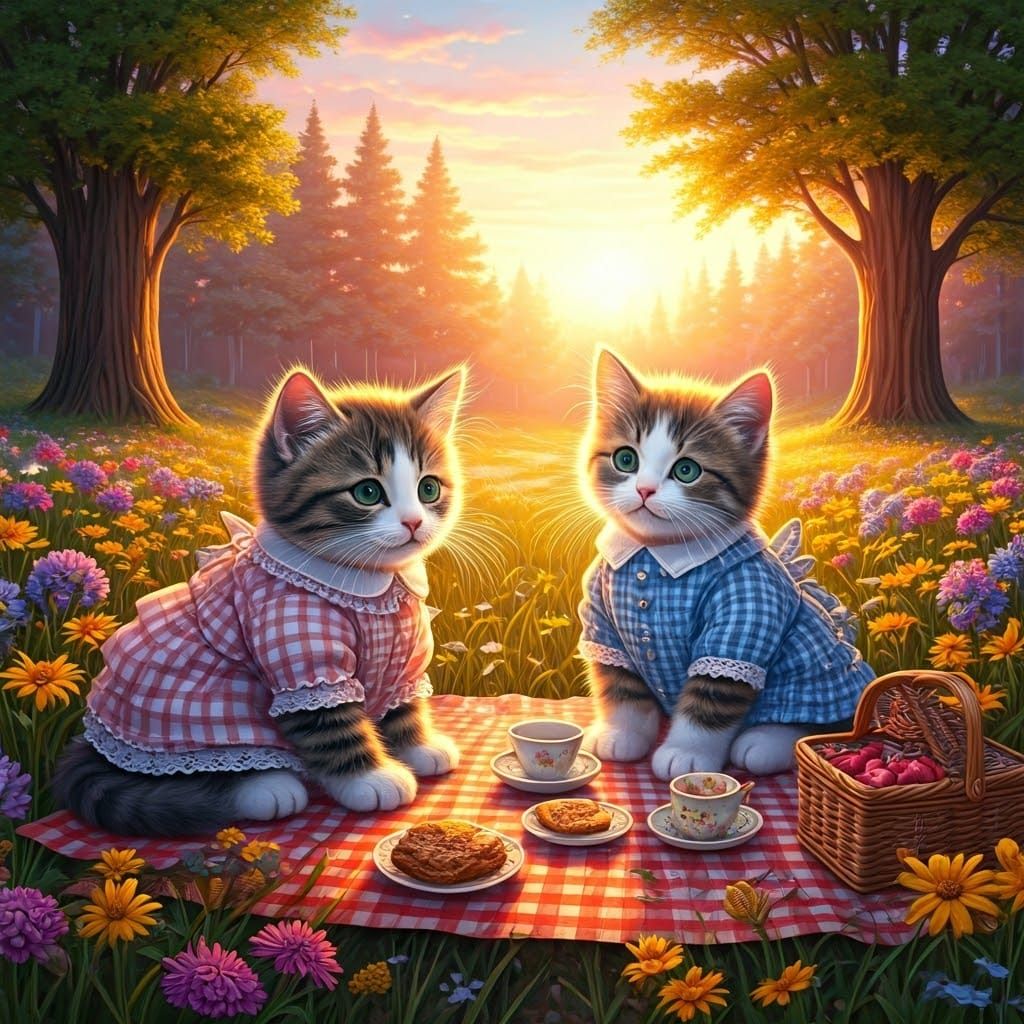 Gingham Kittens in a Whimsical Sunset Meadow