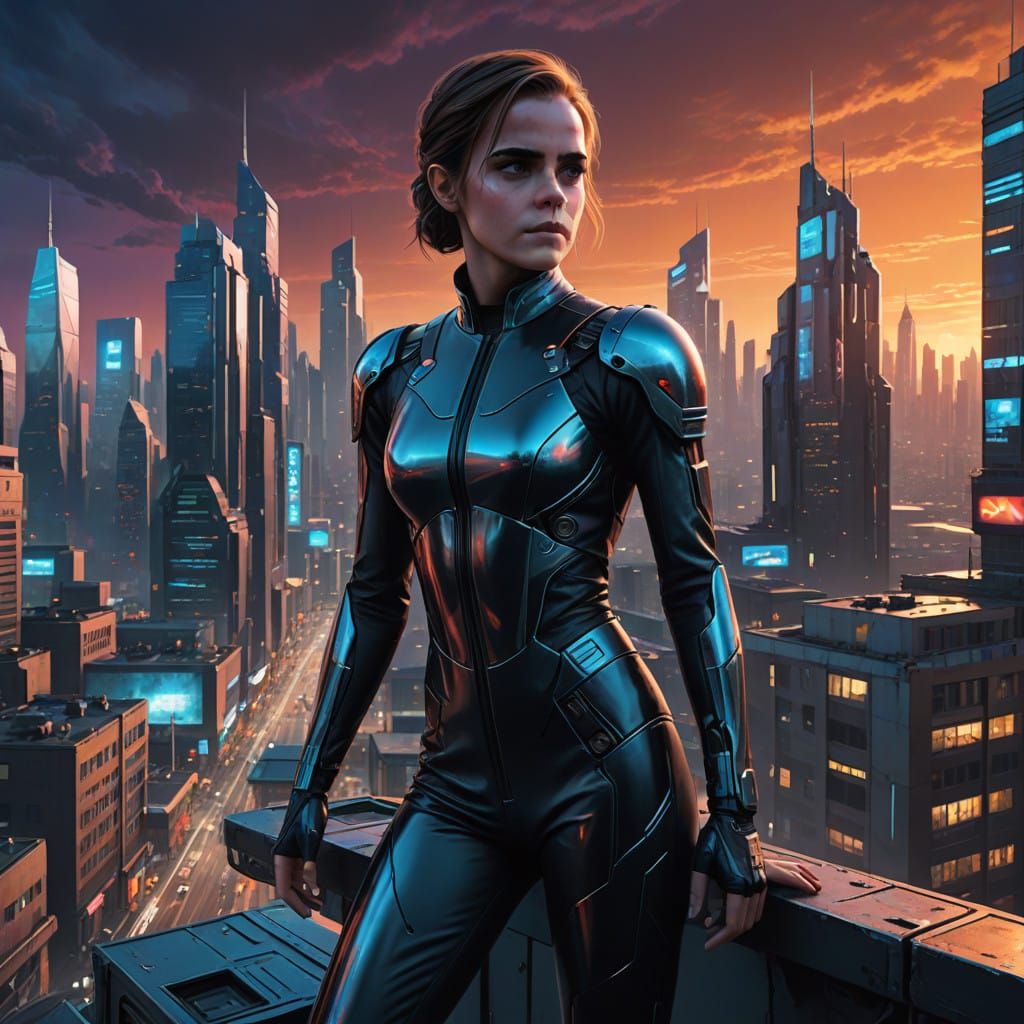 Glowing Neo-Cyberpunk Heroine Posing Heroically in High-Tech...