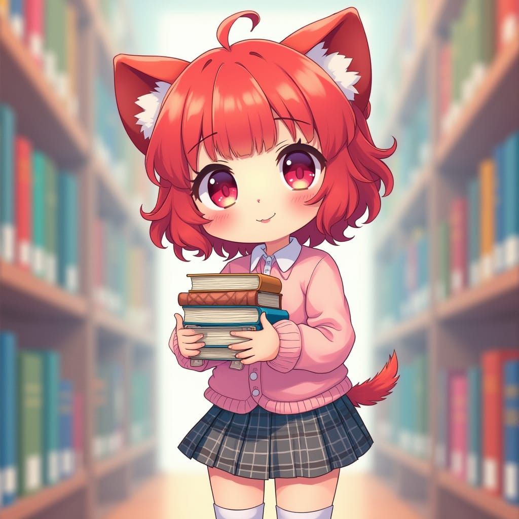 Kawaii Anime Librarian Girl with Dog Ears