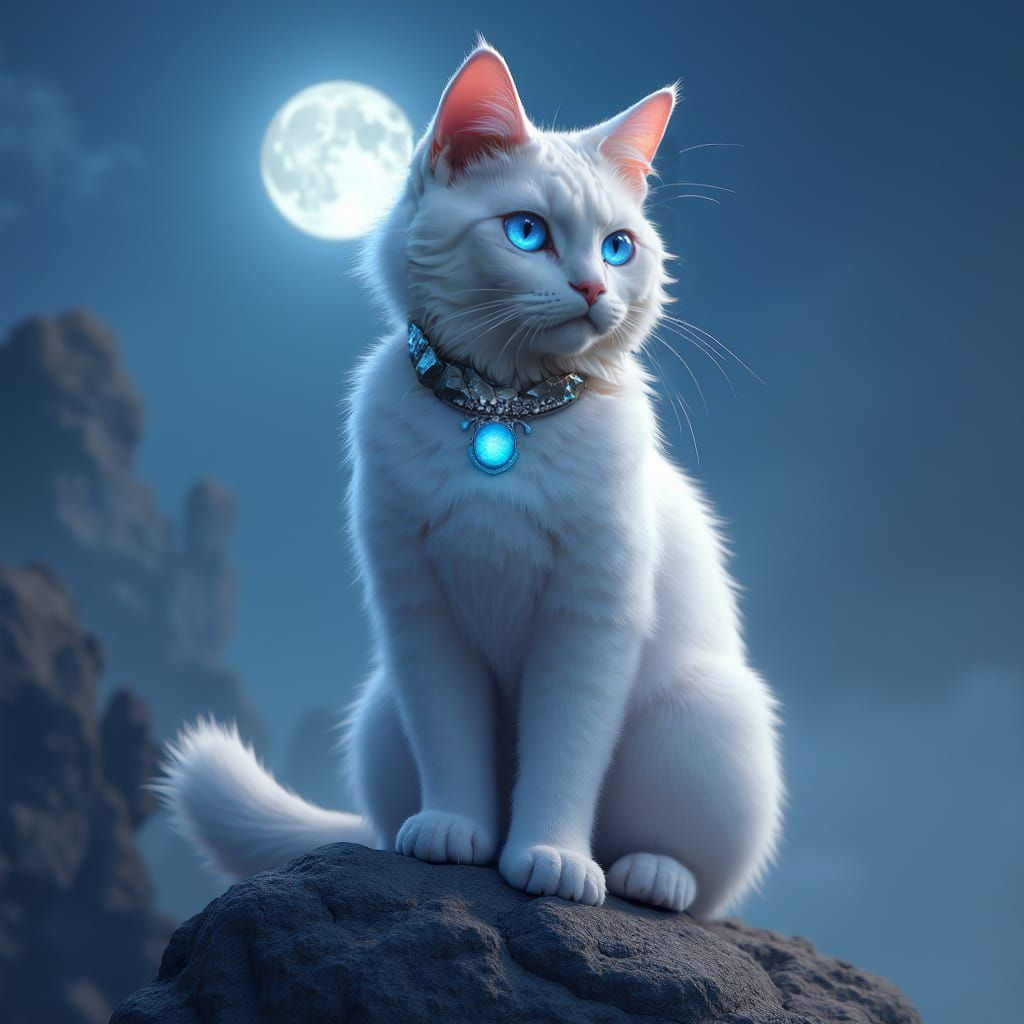 Regal White Cat Illuminated by Moonlight