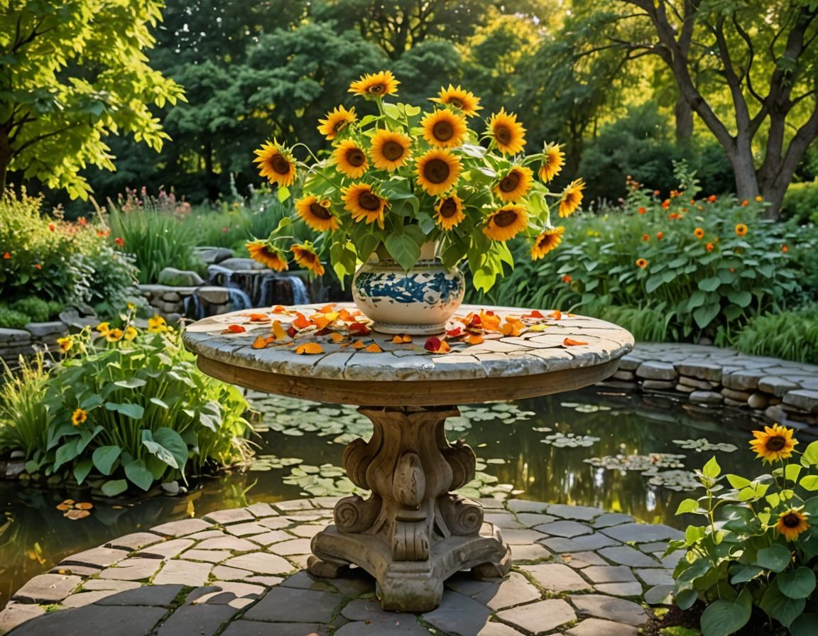 Sunflowers in Vase, Monet-Style Impasto Garden Scene