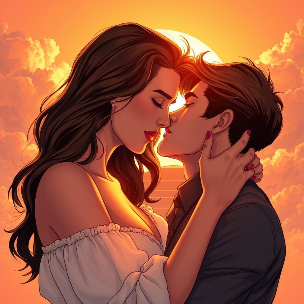 Love's Sunrise Embrace in Vibrant Digital Art
