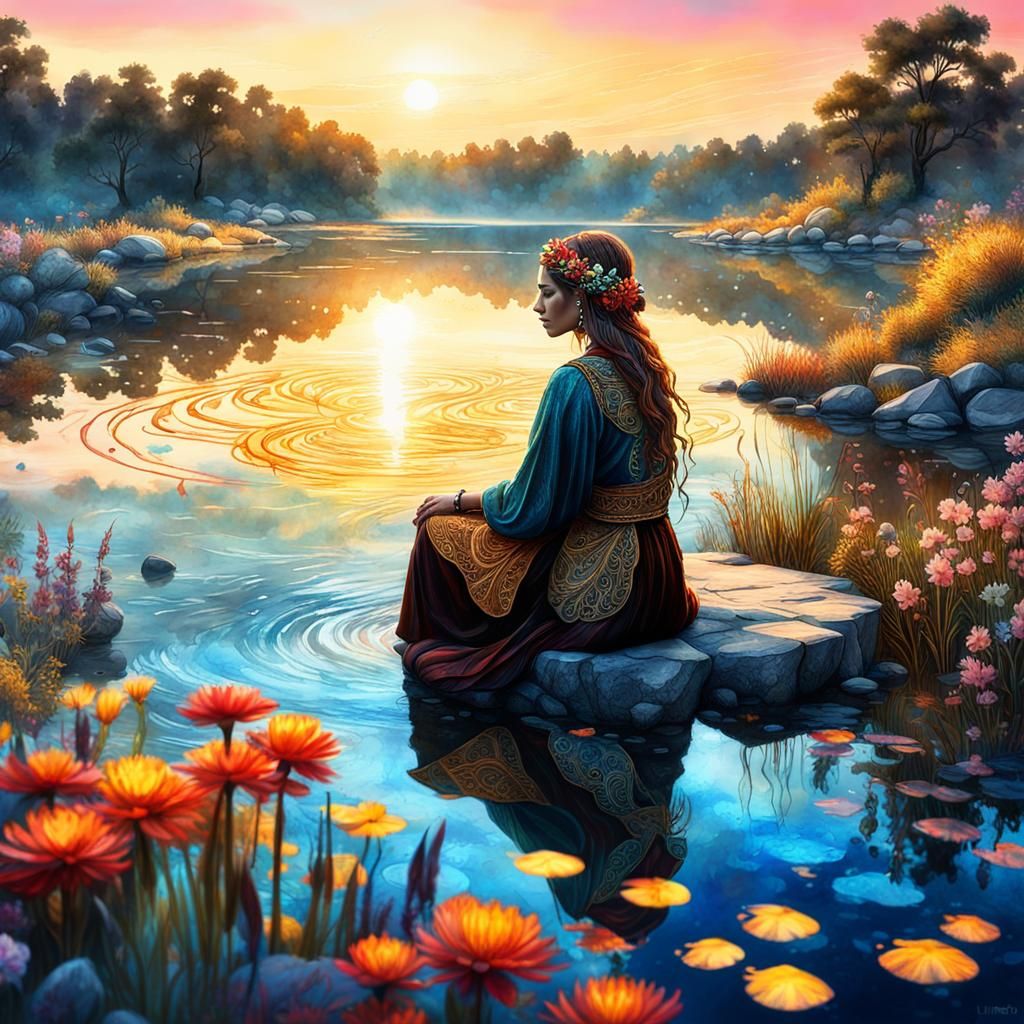 Bohemian Girl by Lake: Digital Fantasy Art