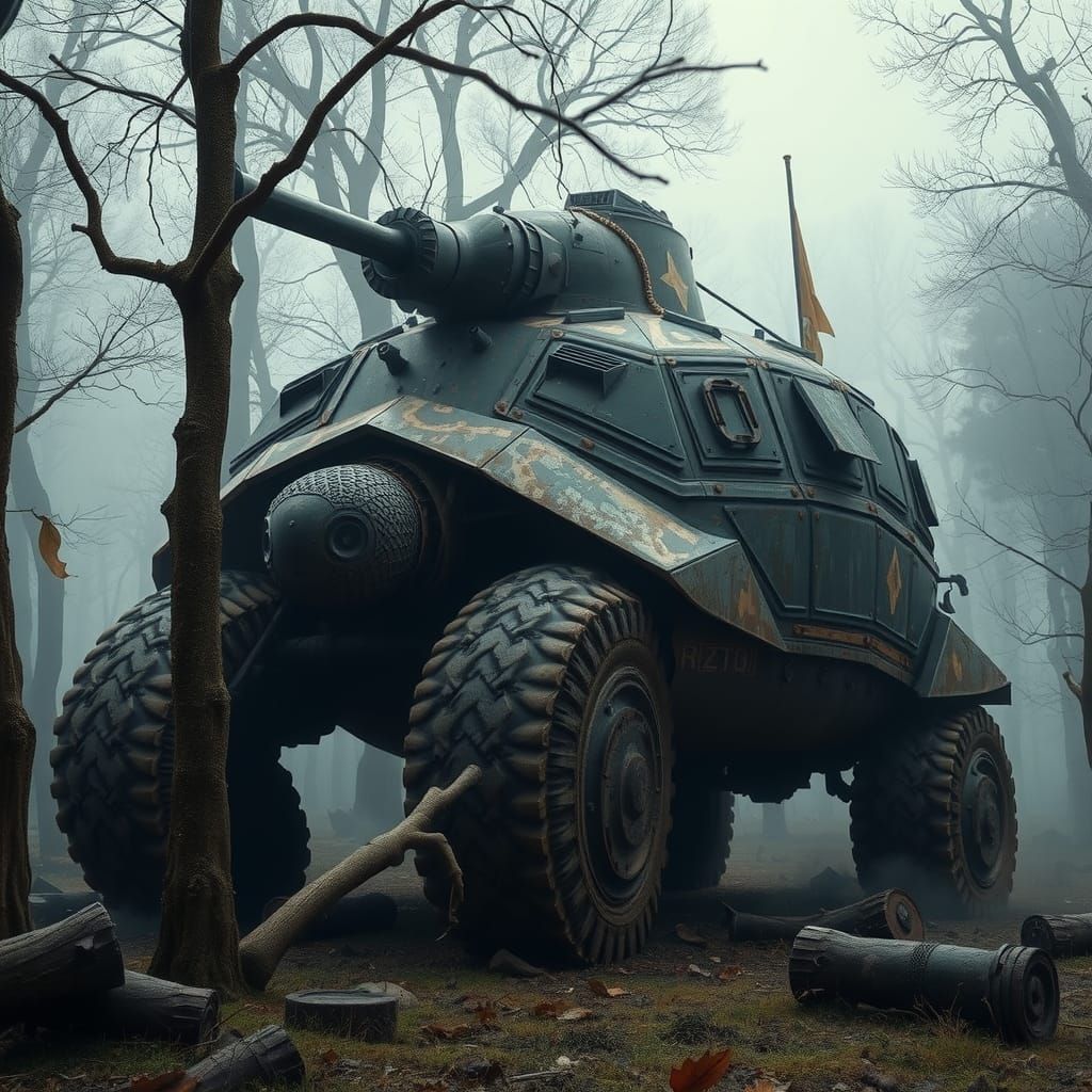 Tank Tortoise Destroys Forest: Dark Surrealism