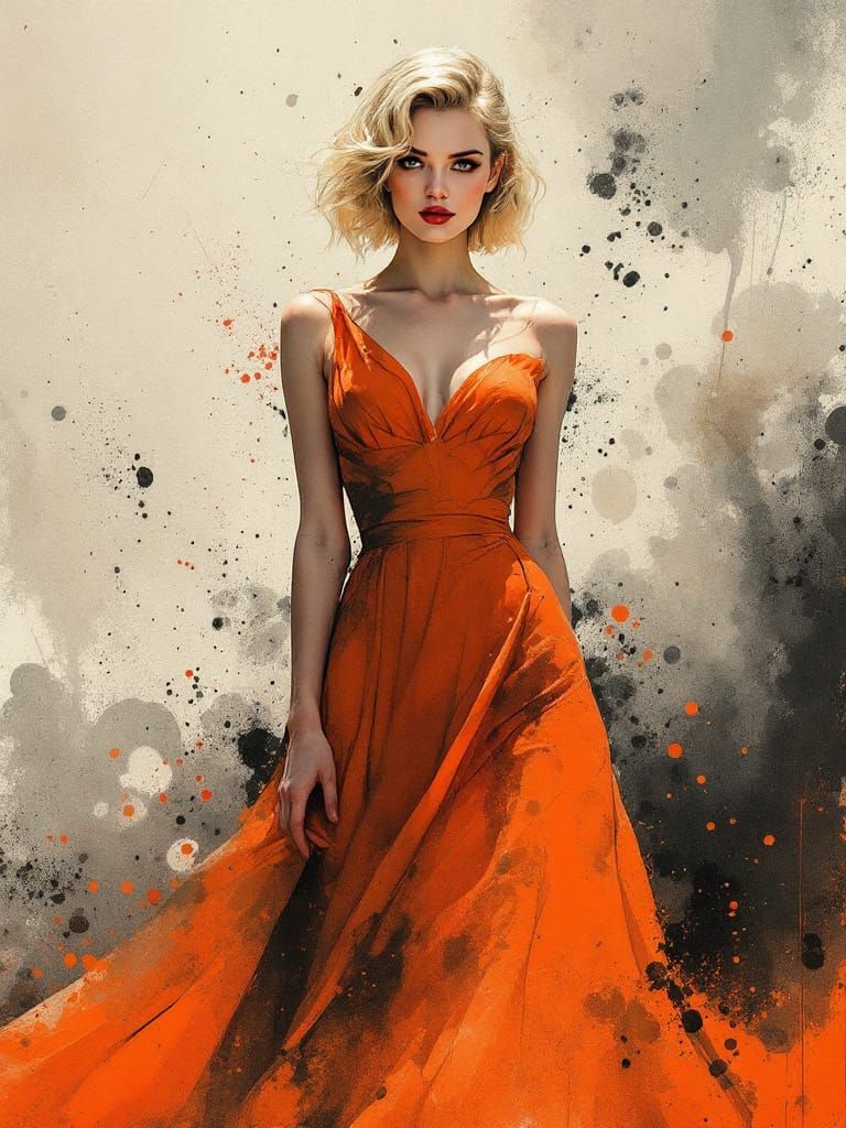 1950s Pin-Up Woman in Bold Orange Dress