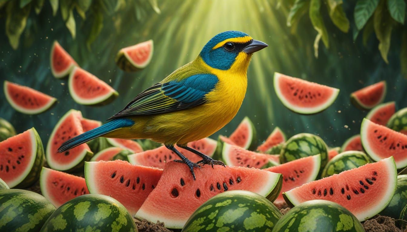 Hyperrealistic Yellow-Bellied Tanager Lands on Watermelons