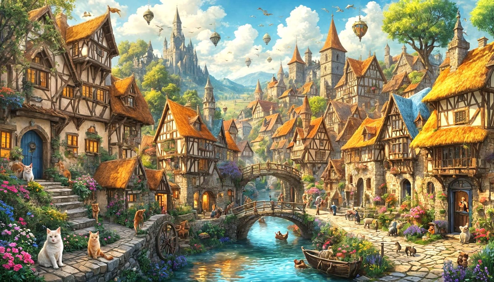 Vibrant Medieval Village with Many Cats