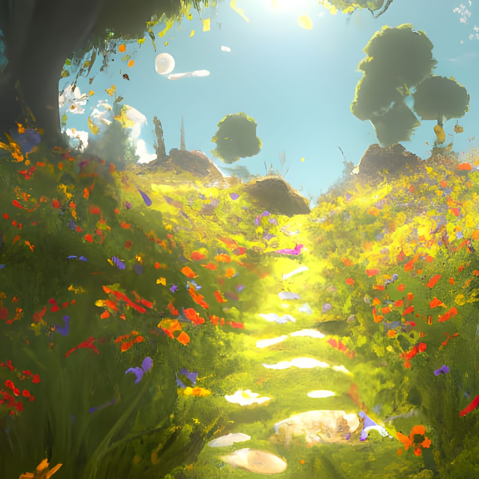 Sunny Meadow Path in Detailed Matte Painting