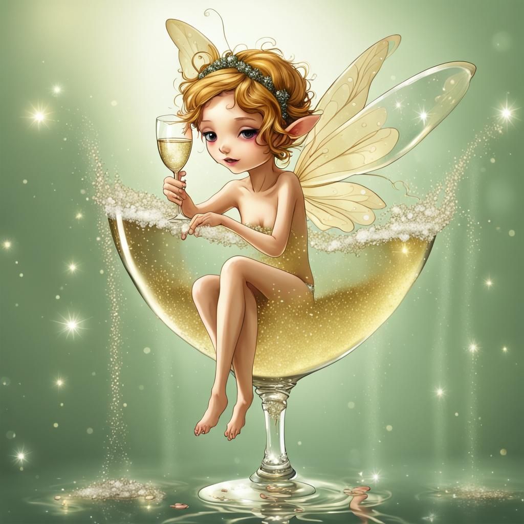Fairy Bathes in Champagne Flute: Surreal Scene
