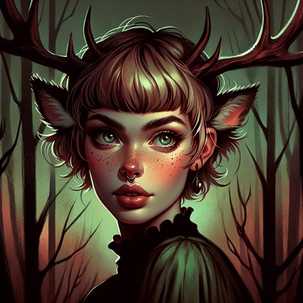 Mysterious Woodland Siren with Stag Antlers