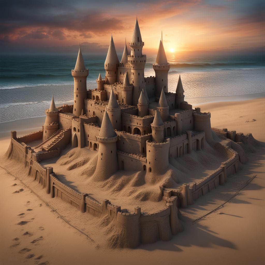 Fortified Sand Castle at Sunset in Ultra Realistic Style