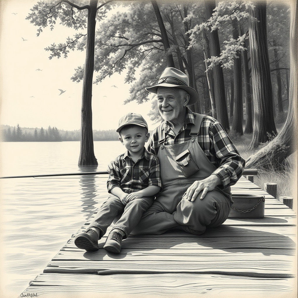 Boy and Grandfather Fishing: Charcoal Drawing