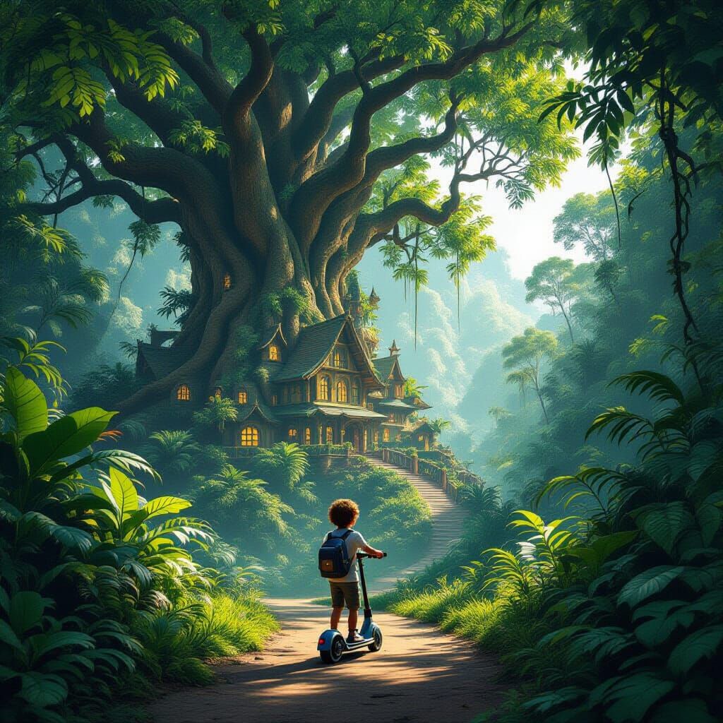 Child Rides Scooter in Magical Jungle, Fantasy Matte Paintin...