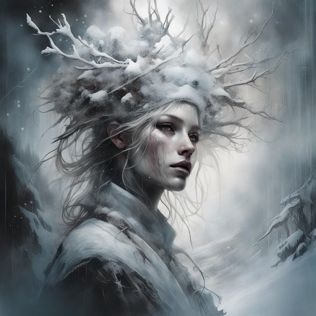 Arcane Snow Goddess Portrait in Ethereal Style