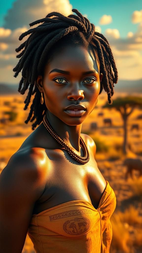 Stunning African Beauty with Blue Eyes in Wild Landscape