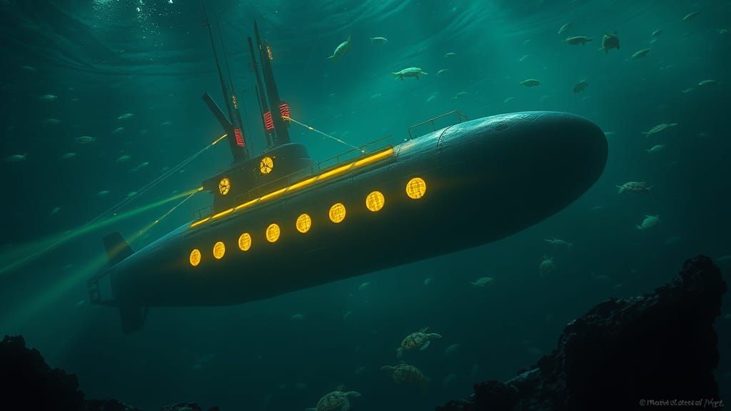 Surreal Submarine in Turquoise Bioluminescent Depths, Galaxy...