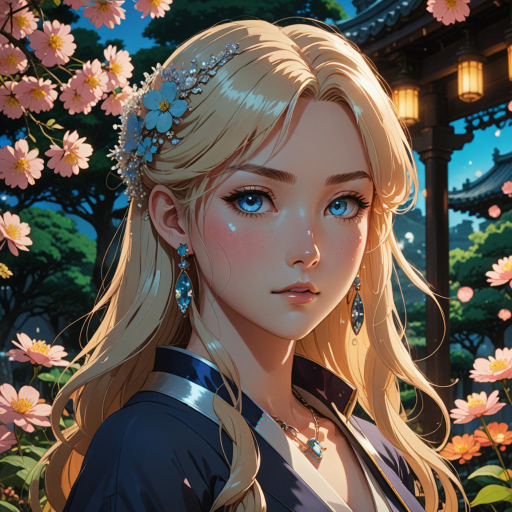 Elegant Kitsune Girl Surrounded by Vibrant Flowers in a Japa...