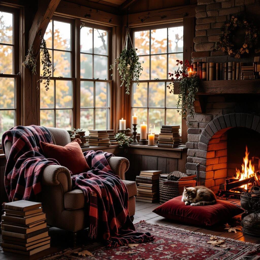 Cozy Autumn Cottage Interior with Fireplace and Cat