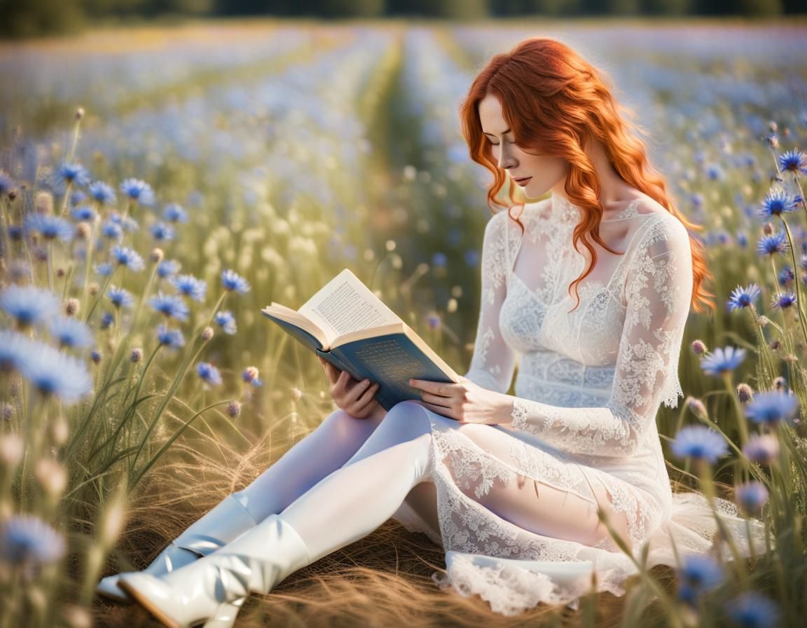 Redhead Reading in Cornflowers in Impressionistic Style