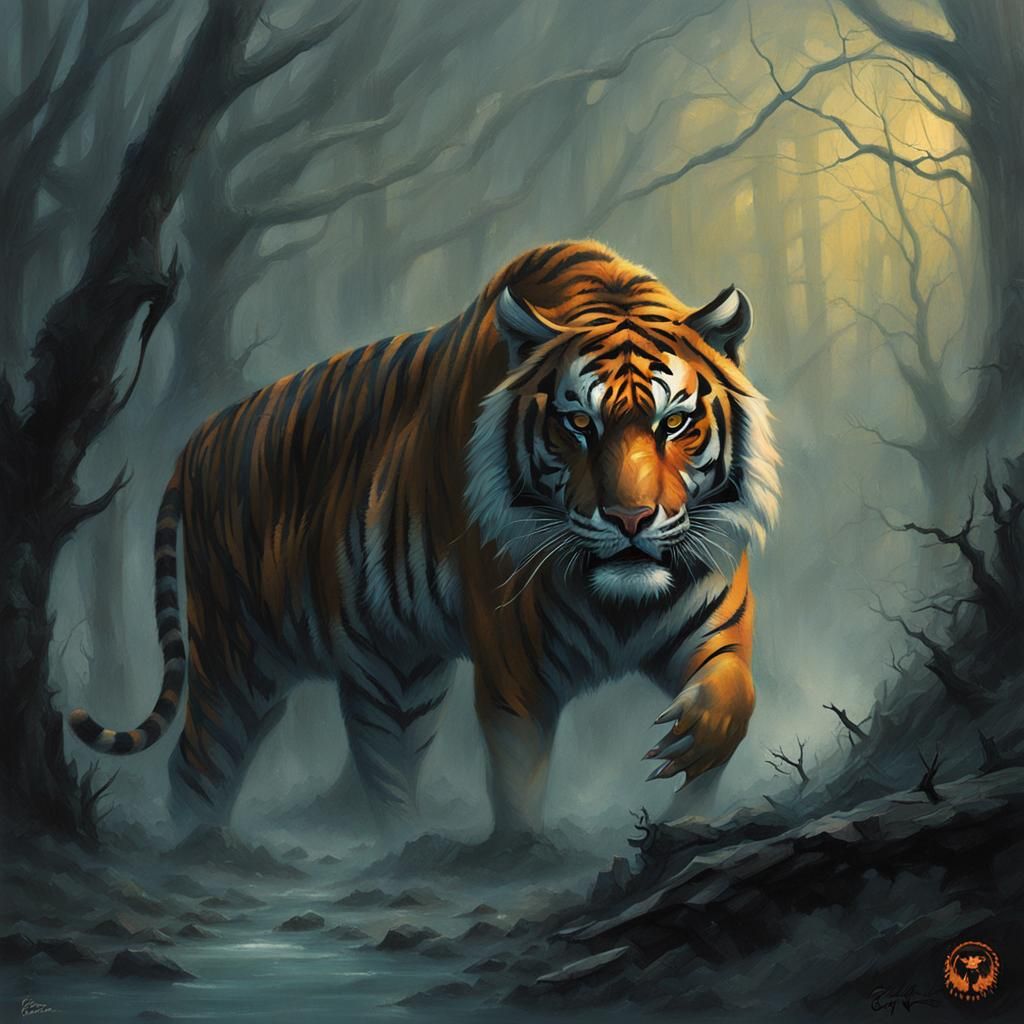 Tiger Eyes in Mist: Sinister Fantasy Art