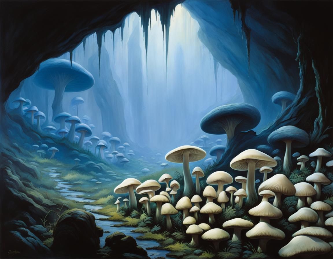 Glowing Mushrooms in Grimdark Cave, Oil Painting Style