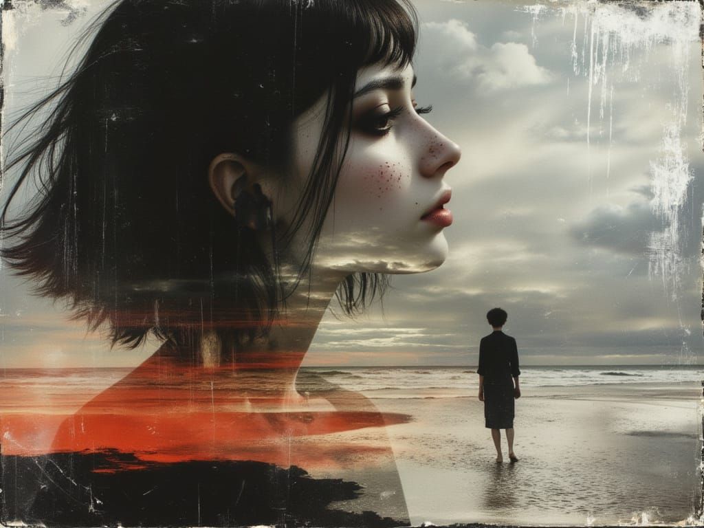 Woman's Tearful Face Double Exposure Grief Art