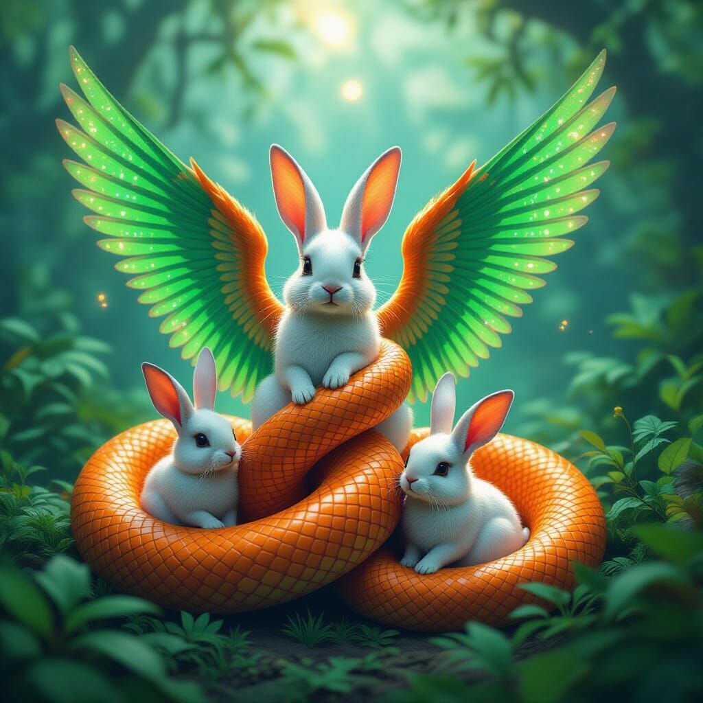 Serpent and Winged Rabbits in Astral Illustration