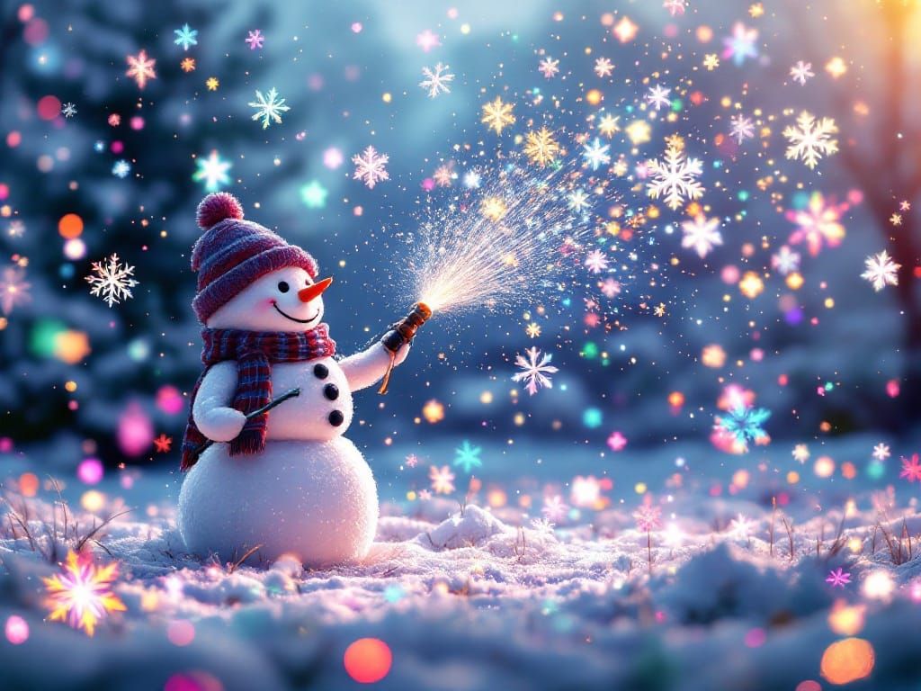 Happy Snowman Sprays Sparkling Snowflakes: Digital Art