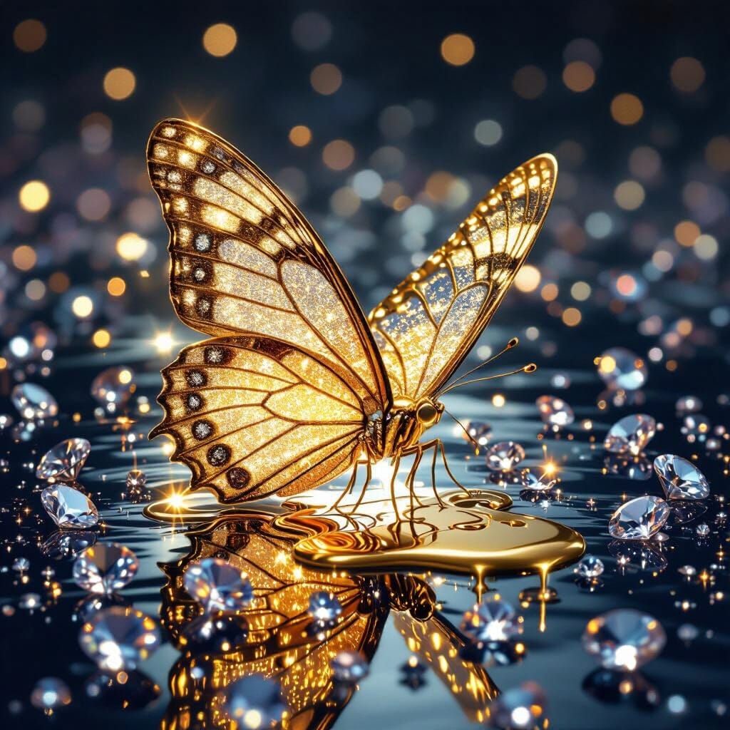 Gold Butterfly Drips Molten Gold on Diamond Water