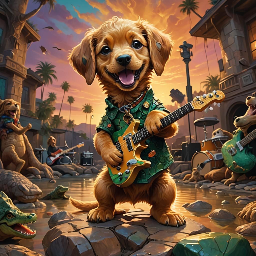 Surreal Caramel Puppy Rock Star Plays with Emerald Alligator