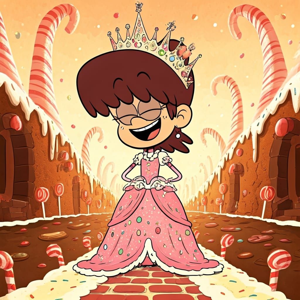 Imagine Lynn Loud from The Loud House as a candy queen, ruling over a gingerbread kingdom filled with lollipop trees and...