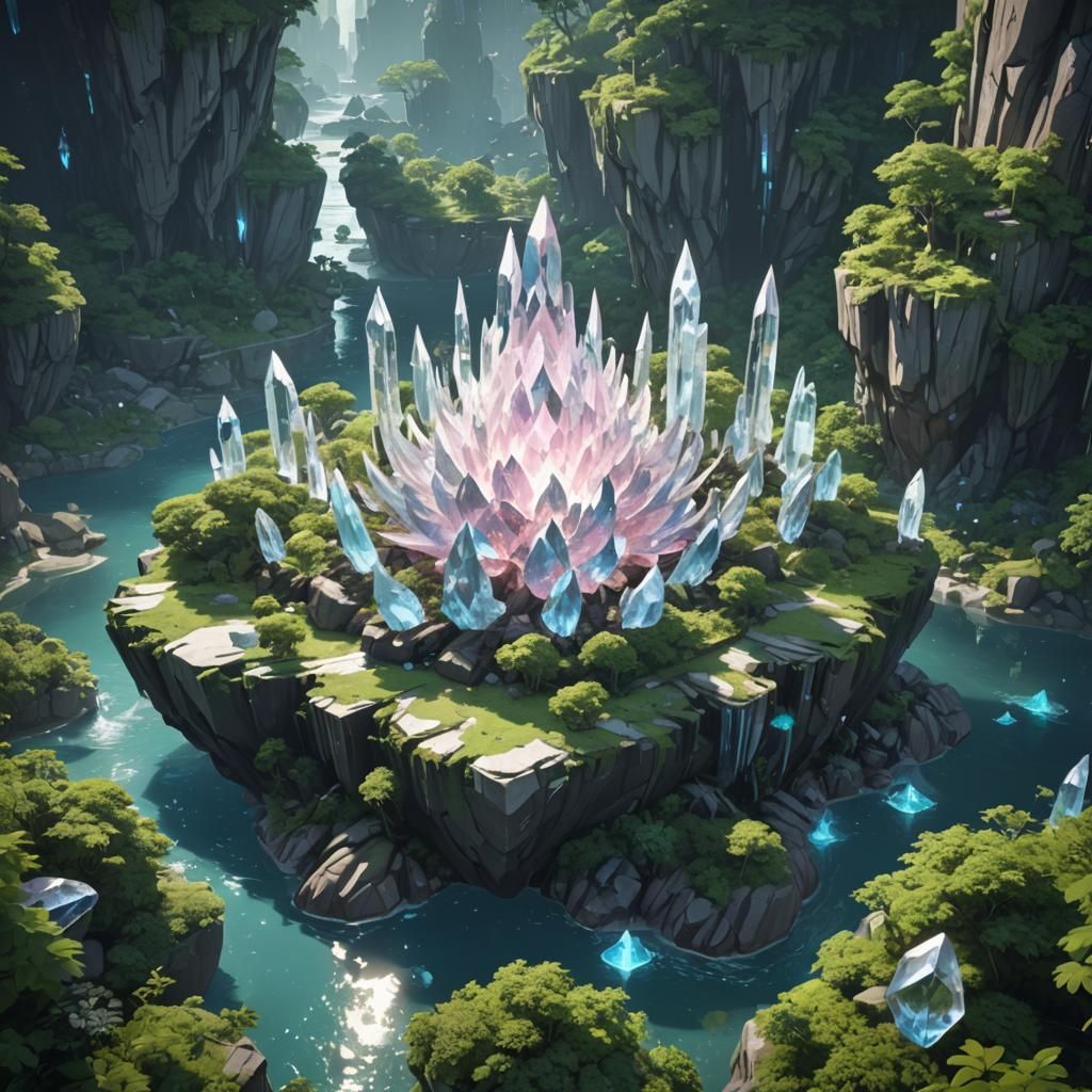 Glowing Crystal Island in Anime Style