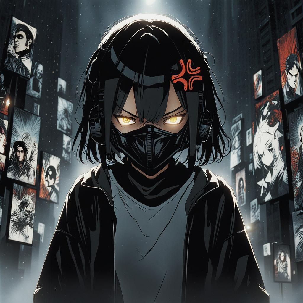 Anime Girl with Mask in Deep Color Cel-Shaded Style