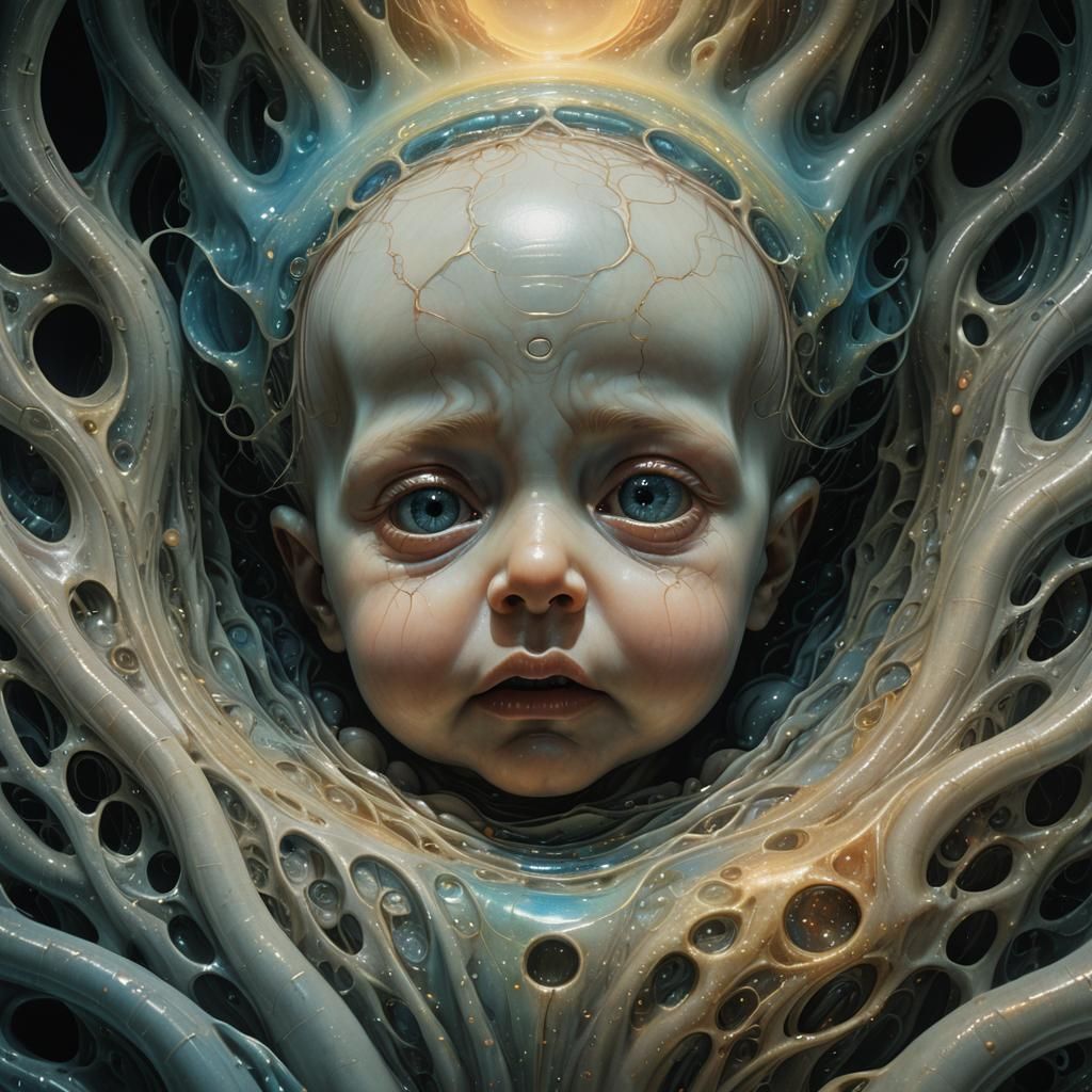 Surreal Unborn Baby Crying, Dreamlike Womb in Oil Painting