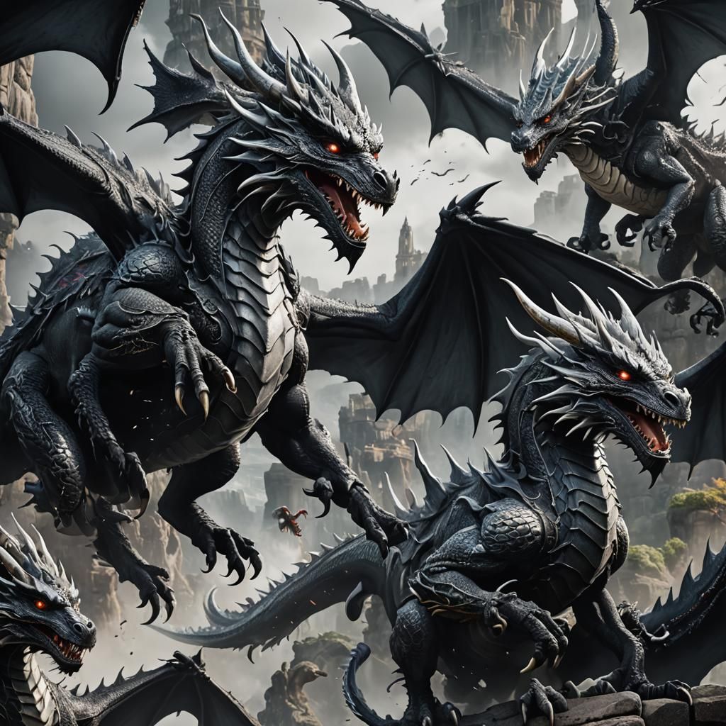 Fantastical Black and White Dragons in Matte Painting